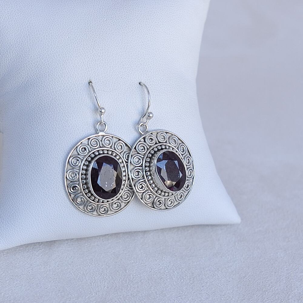 Vintage Sterling Silver 925 and Black Garnet Dangle Oval Earrings Tribal 11.7g
